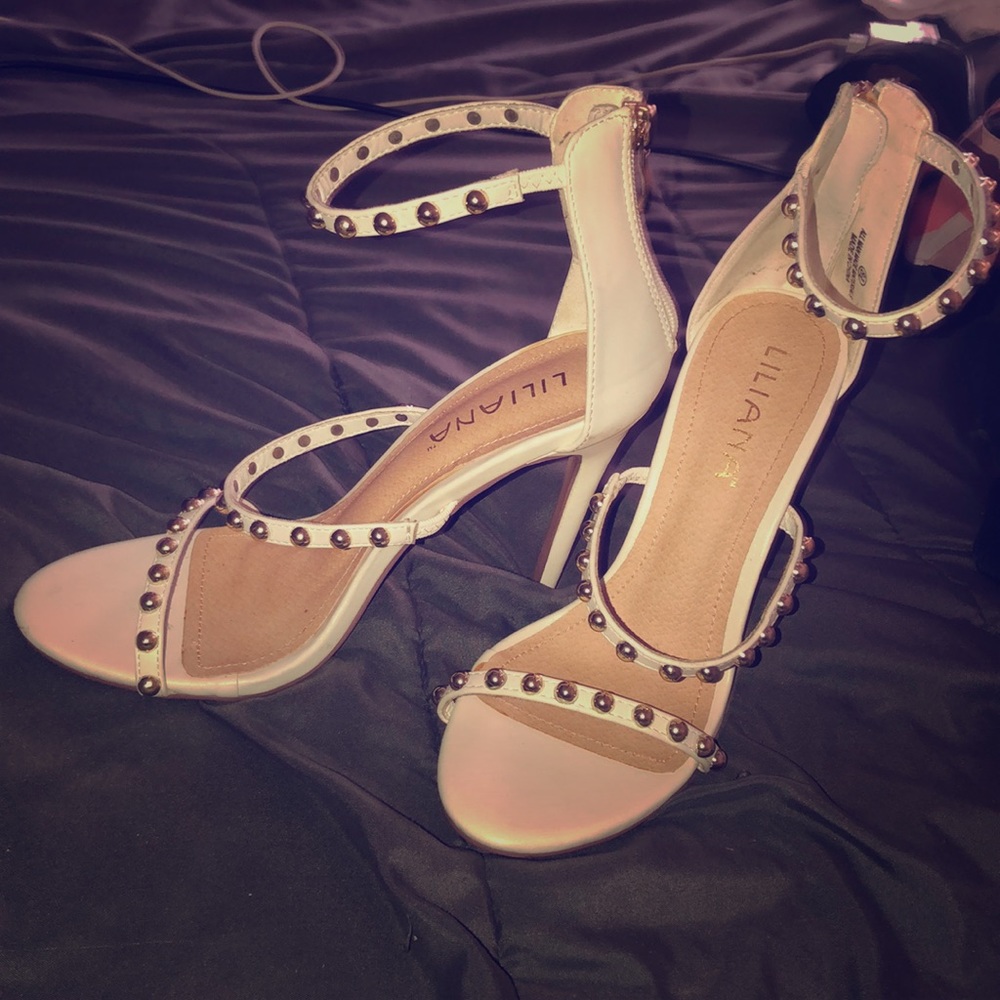 White heals with beads on bands